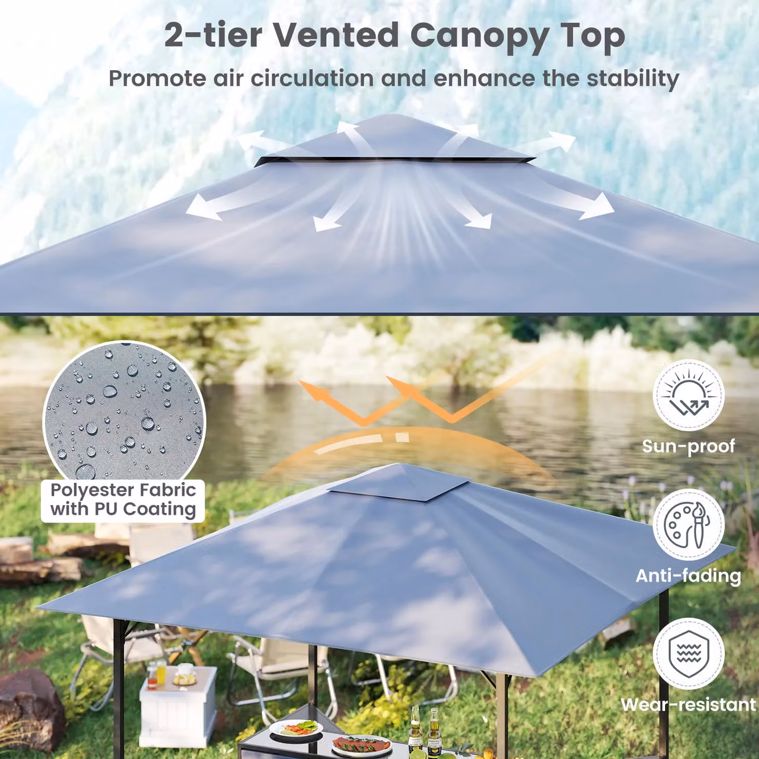 Gymax 3 Piece Grey Patio Bar Set with Grill Gazebo, Table and Bar Stools, W/D/H: 245 x 245 x 243 cm – 6