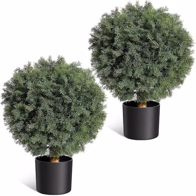 VOGREX Set of 2 Green Artificial Cedar Topiary Ball Trees, UV Resistant, Height: 43.18 cm – 1