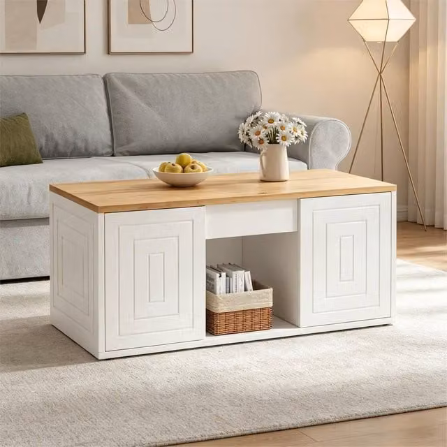 Merax White and Natural Wood Scandinavian Lift Top Coffee Table with 2 Storage Cabinets W/D/H: 95 x 46 x 45 cm – 1