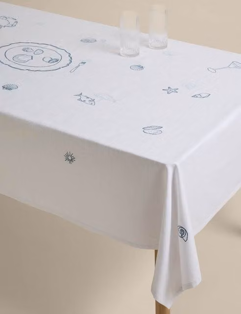 M&S Pure Cotton Coastal Embroidered Tablecloth in Blue and White