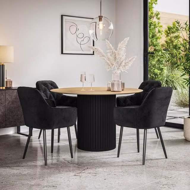 More4Homes Arlo Oak Round Dining Table with Black Legs and Anika Velvet Dining Chairs Set of 4, W: 120 cm, H: 75 cm – 1