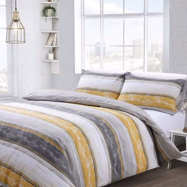 Velosso Modern Striped Duvet Cover and Pillowcase Set in Ochre, Grey and Yellow, W/D/H: 140 x 200 cm