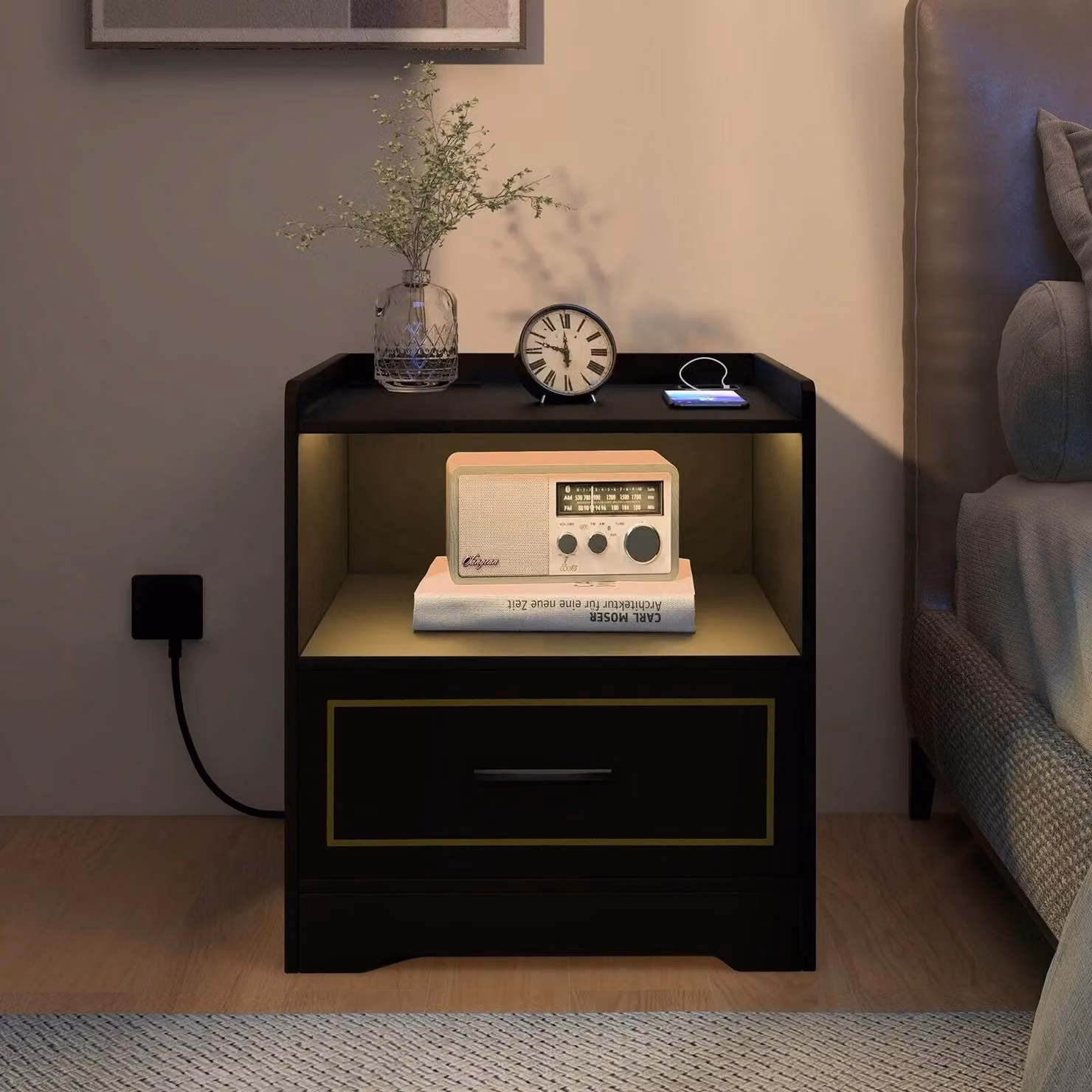 Gymax Smart LED Nightstand with Integrated Lighting and Drawer, Black – 4