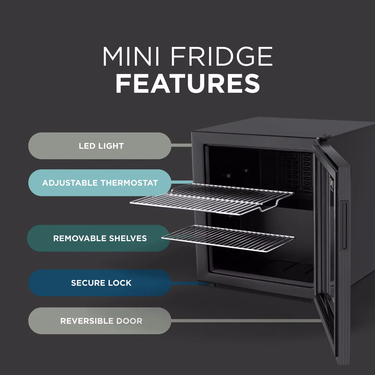 DMD Collective 50L Black Glass Countertop Mini Fridge with LED Interior Light and Lockable Door – 4