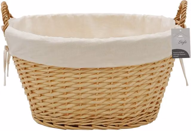JVL Hand Woven Acacia Oval Laundry Willow Storage Basket with Removable Lining in Gold and Brown