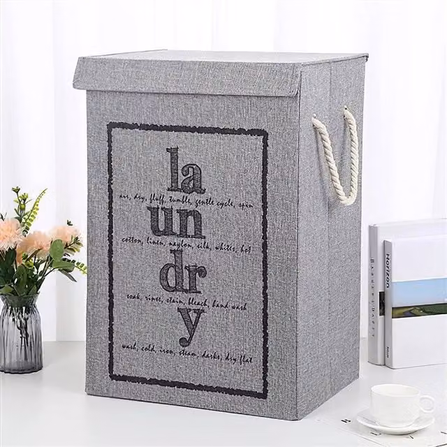 PAWNORA Folding Fabric Laundry Basket Hamper with Lid and Handles, Grey, H: 85 cm, W: 60 cm, D: 40 cm