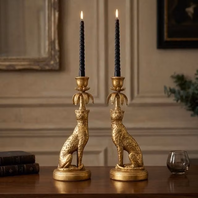 Madison & Mayfair Set of Two Gold Leopard Metal Taper Candleholders – 1