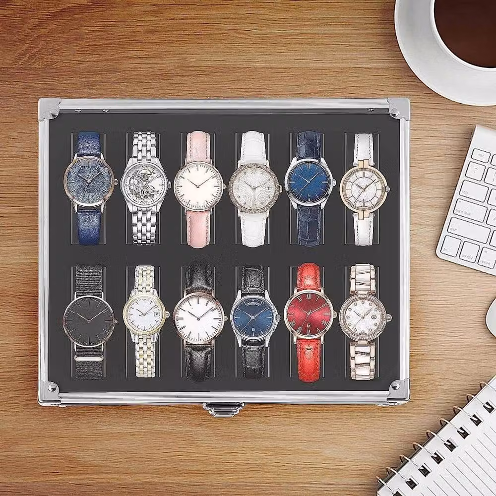 Kelvenix Silver Transparent 12 Slot Aluminium Wristwatch and Jewellery Display Storage Box, W/D/H: 26.0 x 21.0 x 6.0 cm – 3