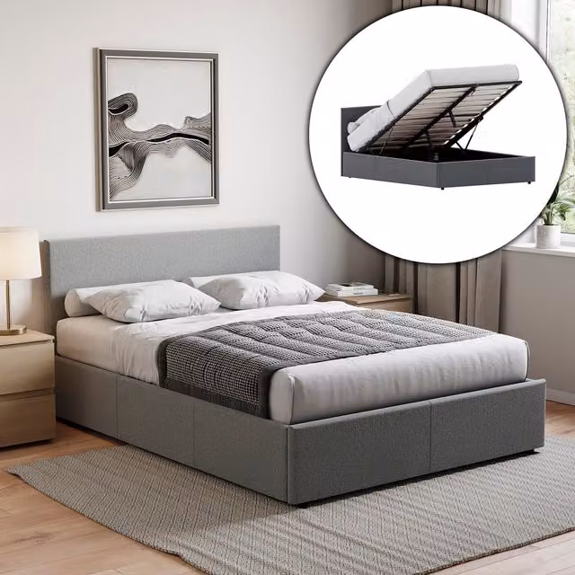 Vida Designs Modern Upholstered Fabric Ottoman Bed in Grey, W/D/H: 140 x 200 cm