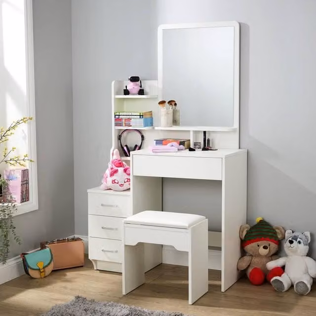 Home Source Arlo 4 Drawer Dressing Table Vanity Desk with Mirror and Cushioned Stool in White – 1