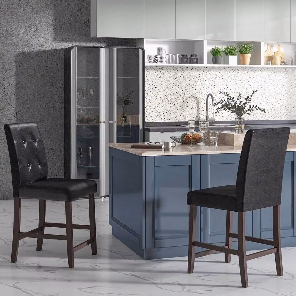 VOGREX 2 Pack Black Button Tufted Synthetic Leather Upholstered Counter Bar Stools – 2