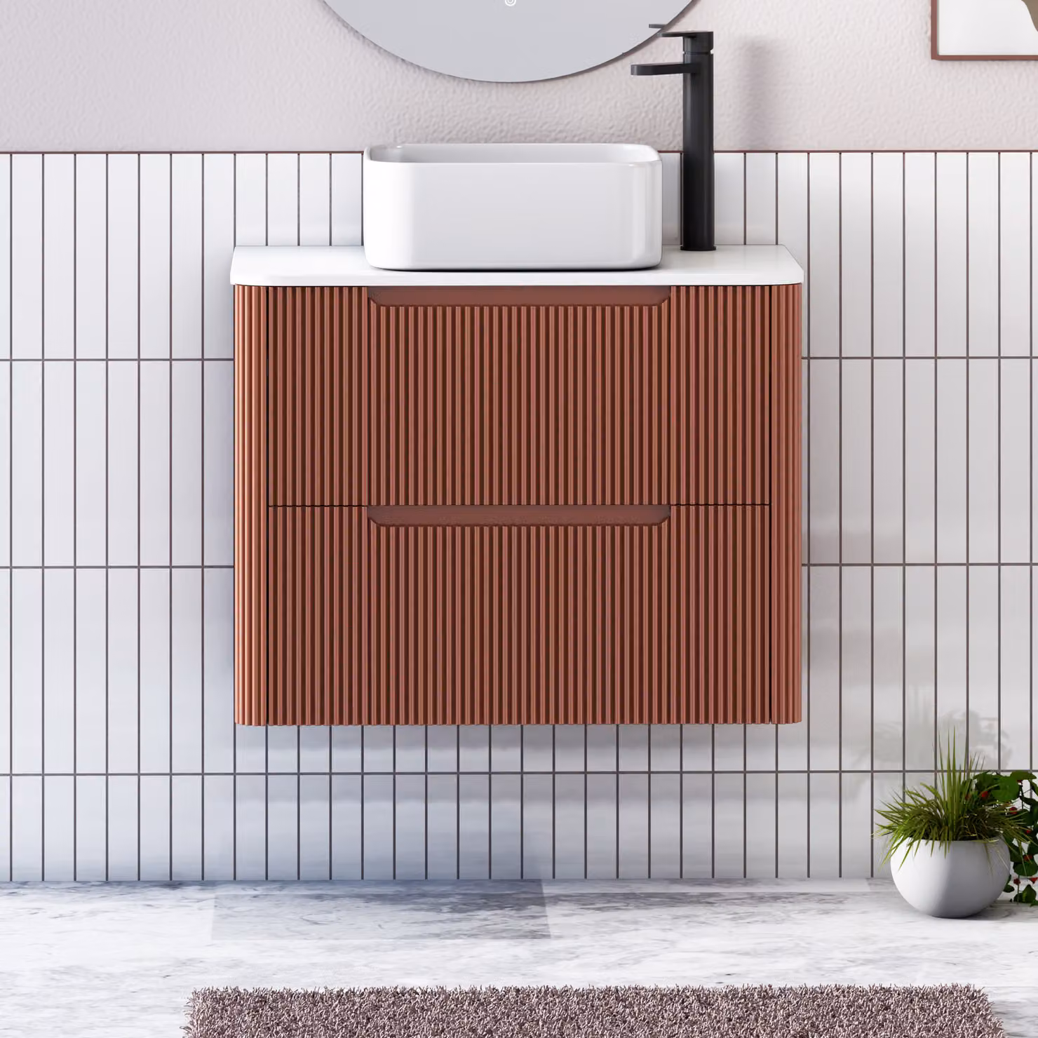 Royal Bathrooms Avenza Wall Hung Vanity Unit in Terracotta with 2 Drawers and White Elena Basin