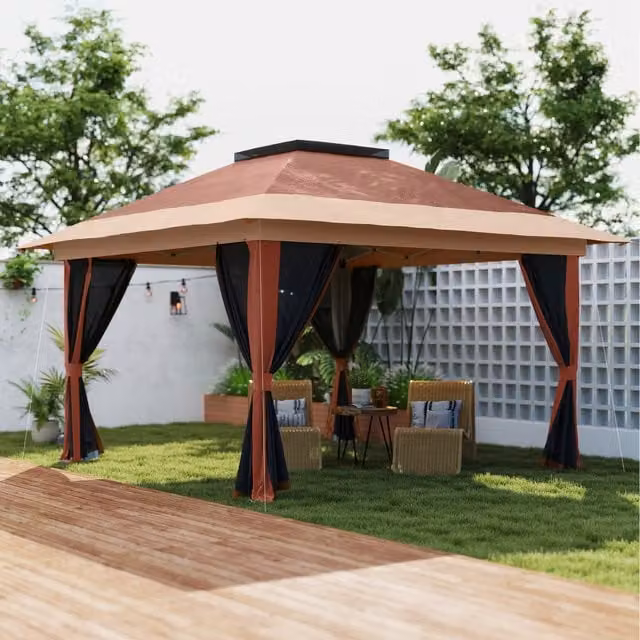 Outsunny Brown Pop Up Gazebo with Mesh Sides and Sand Bags, W: 360 cm x D: 360 cm