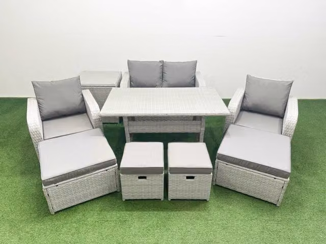 Fimous 8 Seater PE Rattan Lounge Sofa Set in Light Grey for Outdoor Garden Furniture