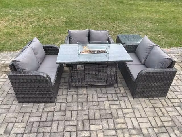 Fimous Rattan Outdoor Garden Furniture Set with Gas Fire Pit Dining Table, Love Sofa and Side Table in Dark Grey