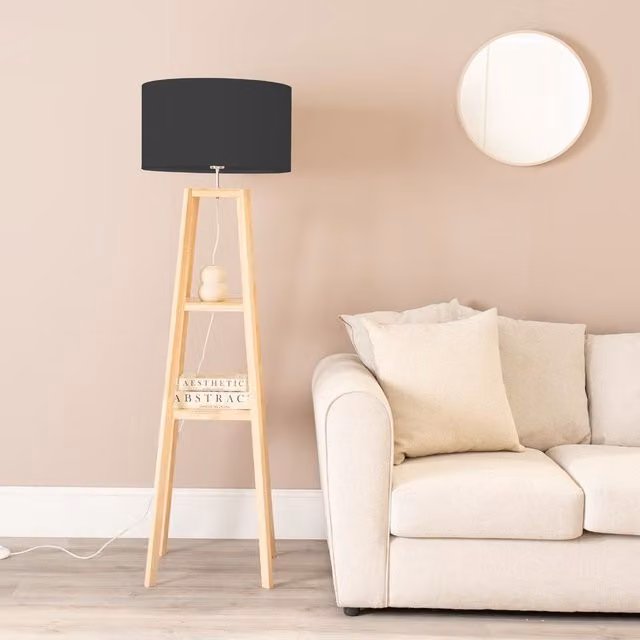 ValueLights Wakefield Quad Base Two Shelf Wooden Floor Lamp with Black Fabric Shade