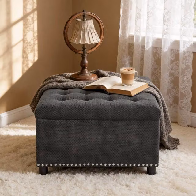 Rolipo Dark Grey Square Fabric Storage Ottoman