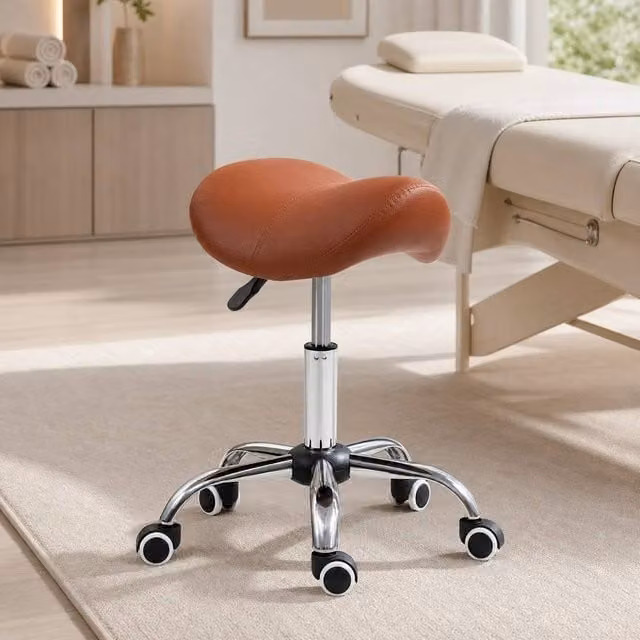STILVORA Height Adjustable Salon Stool with Castors in Brown – 1