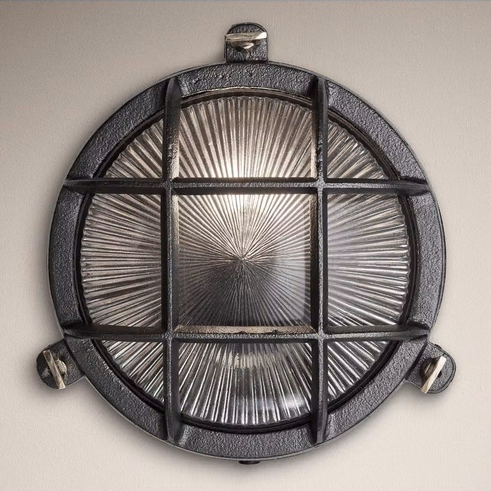 Industville Bulkhead Round Wall Light in Black with Transparent Ribbed Glass for Outdoor and Bathroom Use, Diameter: 20.32 cm – 3