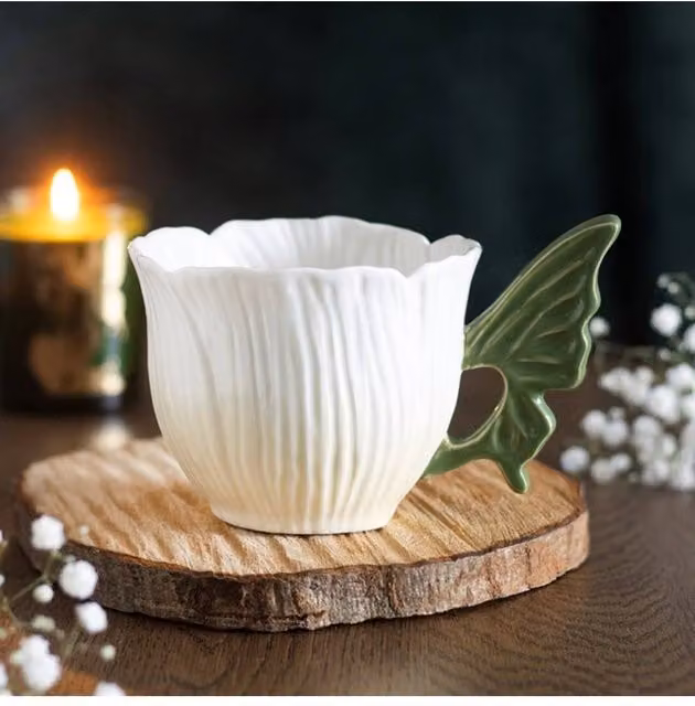KDMD Flower Fairy Wing Ceramic Teacup in White and Green with Floral Design – 1