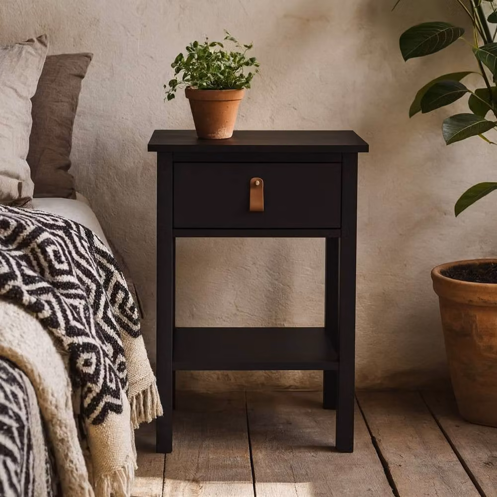 Wyld Haus Wyldberry Matt Black Wooden Bedside Table with 1 Drawer and Bottom Shelf – 2