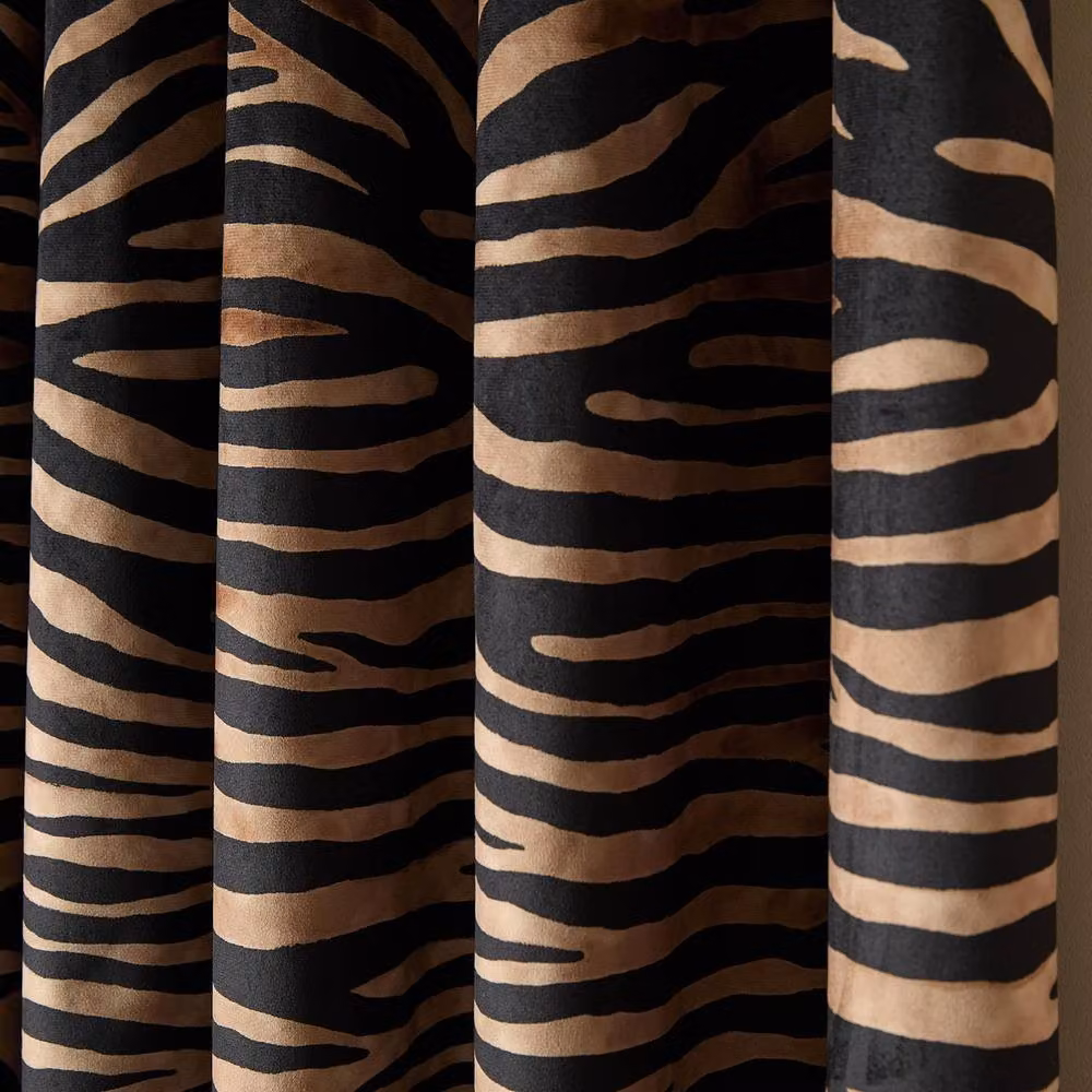 OHS Pair of Black Zebra Print Matte Velvet Eyelet Blackout Curtains, Width: 228 cm, Drop: 228 cm – 2