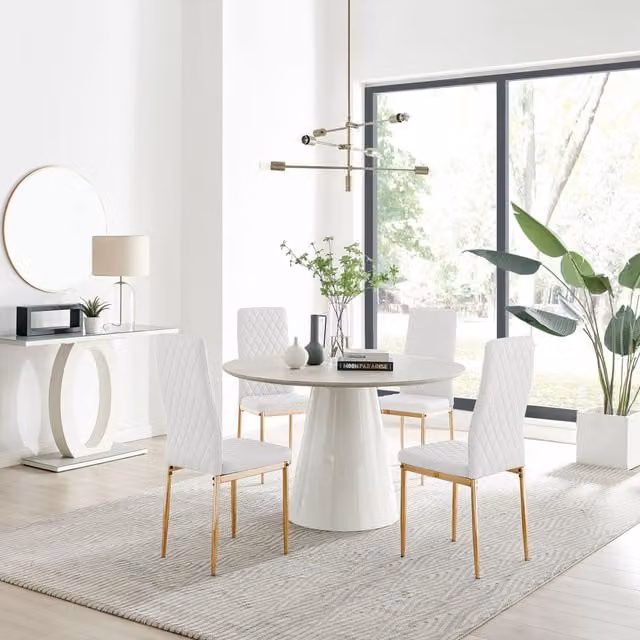 Furniturebox Palma Beige Stone Effect Round Dining Table and 4 Milan Gold Leg Chairs in White