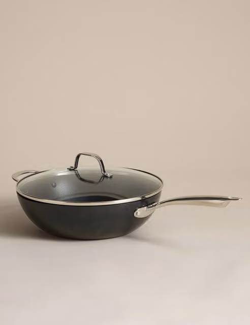 M&S Non-Stick Pro Black Aluminium Wok with Glass Lid, 30 cm