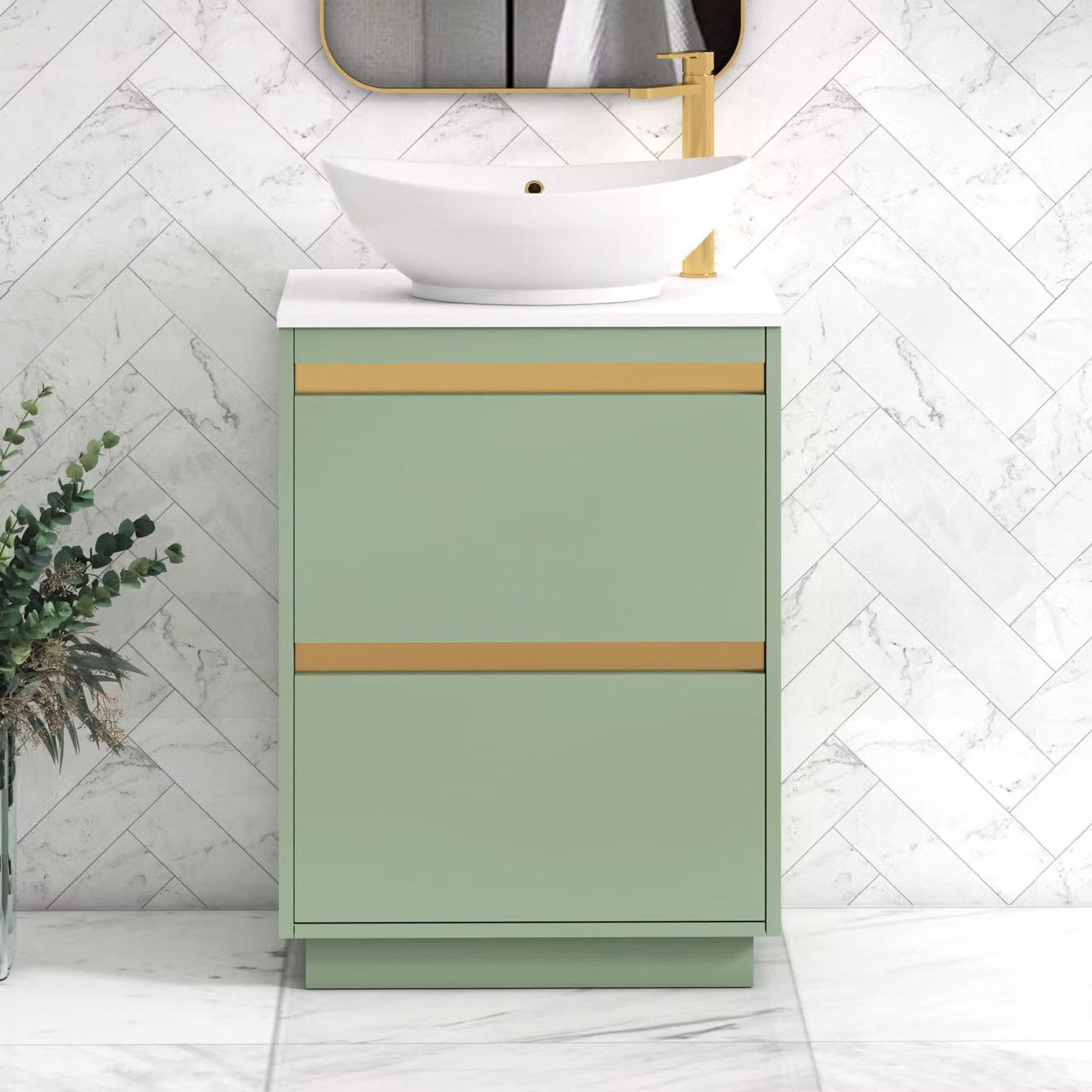 Royal Bathrooms Orion 600mm Mint Sage Floor Standing 2 Drawer Vanity Unit with Amaze Basin and Brushed Brass Accent Trim