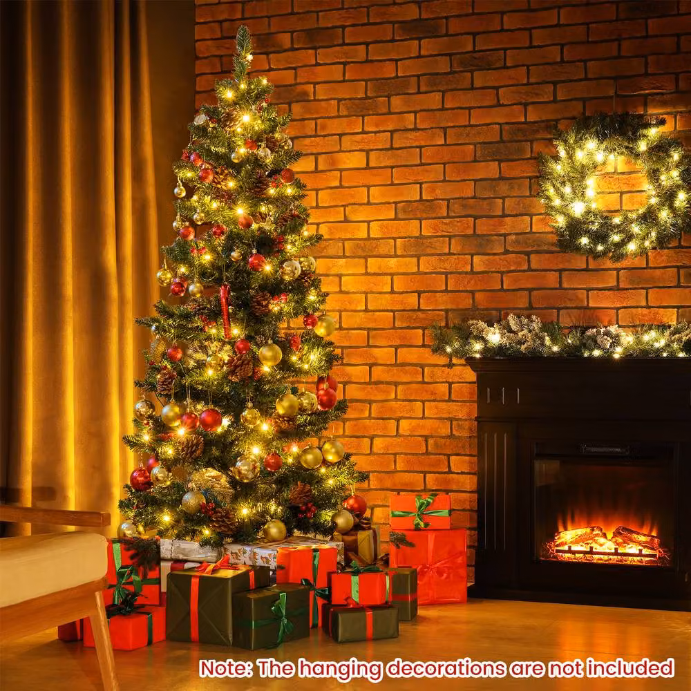 Gymax 5 FT Prelit Christmas Tree with 584 Branch Tips, Pine Cones and Red Berries in Green – 4