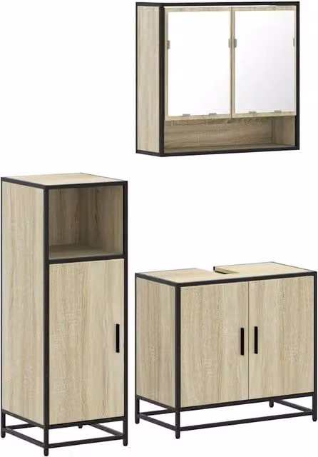 Berkfield Home 3 Piece Industrial Bathroom Furniture Set in Brown Sonoma Oak Finish, including Vanity Unit, Mirror Cabinet and Wall Cabinet