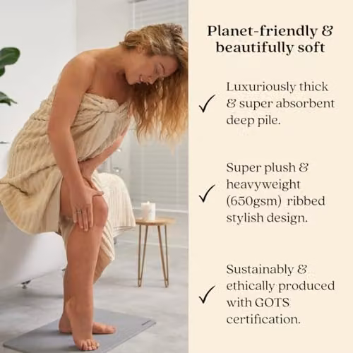 Misona Organic Cotton Ribbed Bath Sheet, 650GSM, Beige, W: 100 cm x L: 150 cm – 2