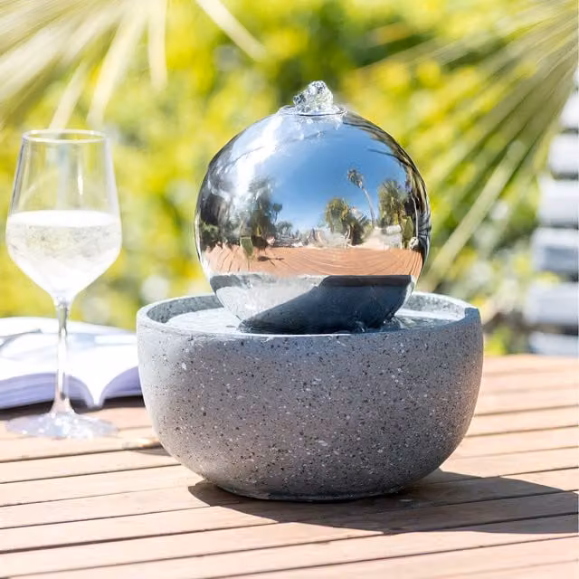 Primrose Grey Stainless Steel Round Globe Water Column Tabletop Feature with Lights