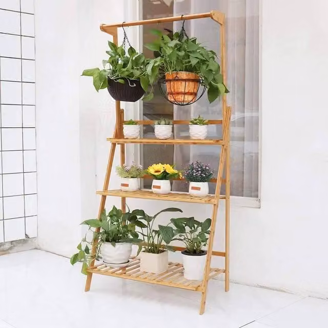 Kelvenix 3-Tier Bamboo Hanging Plant Stand in Natural Brown