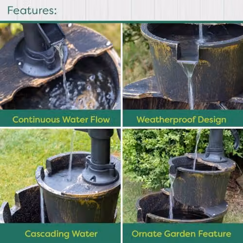 GardenKraft Rustic 2 Tier Barrel Style Garden Water Fountain in Bronze, W: 67 cm, D: 41 cm – 6