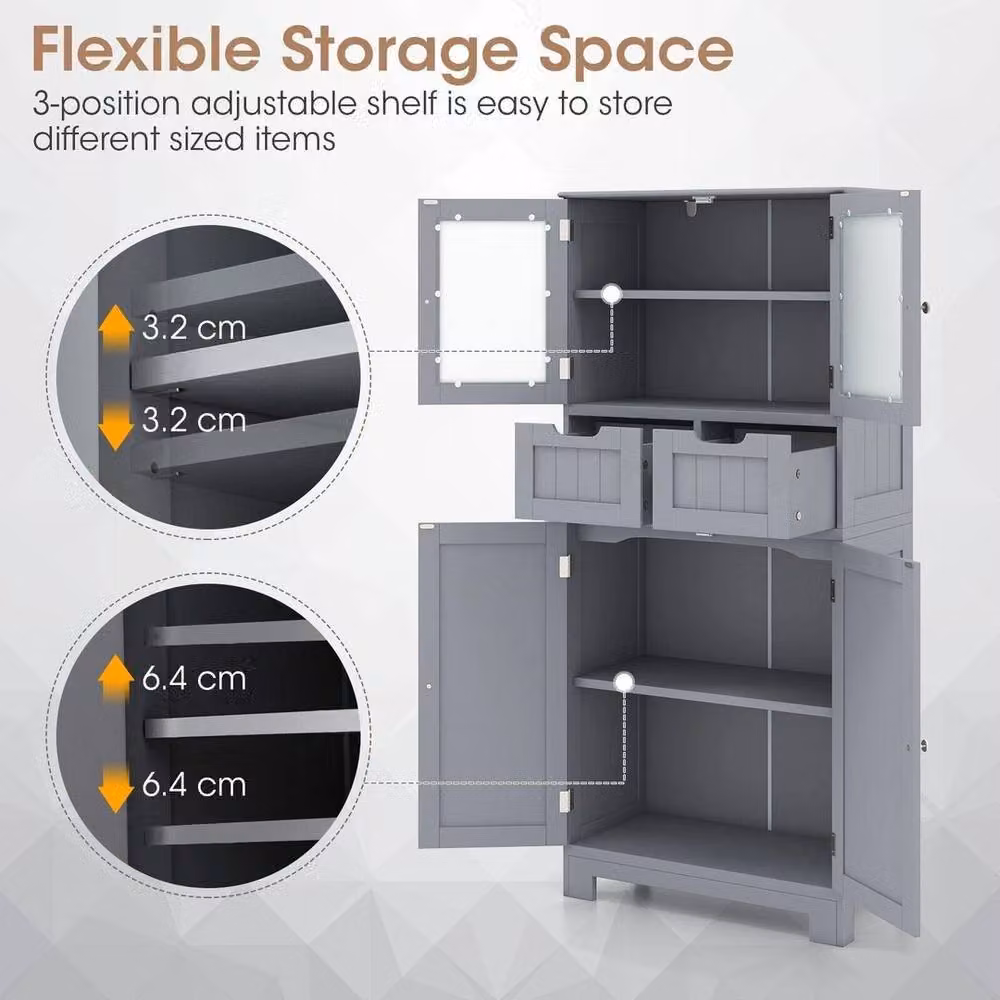 FORGEVIO Grey Tall Freestanding Bathroom Storage Cabinet with Hinged Doors and Internal Shelves – 5