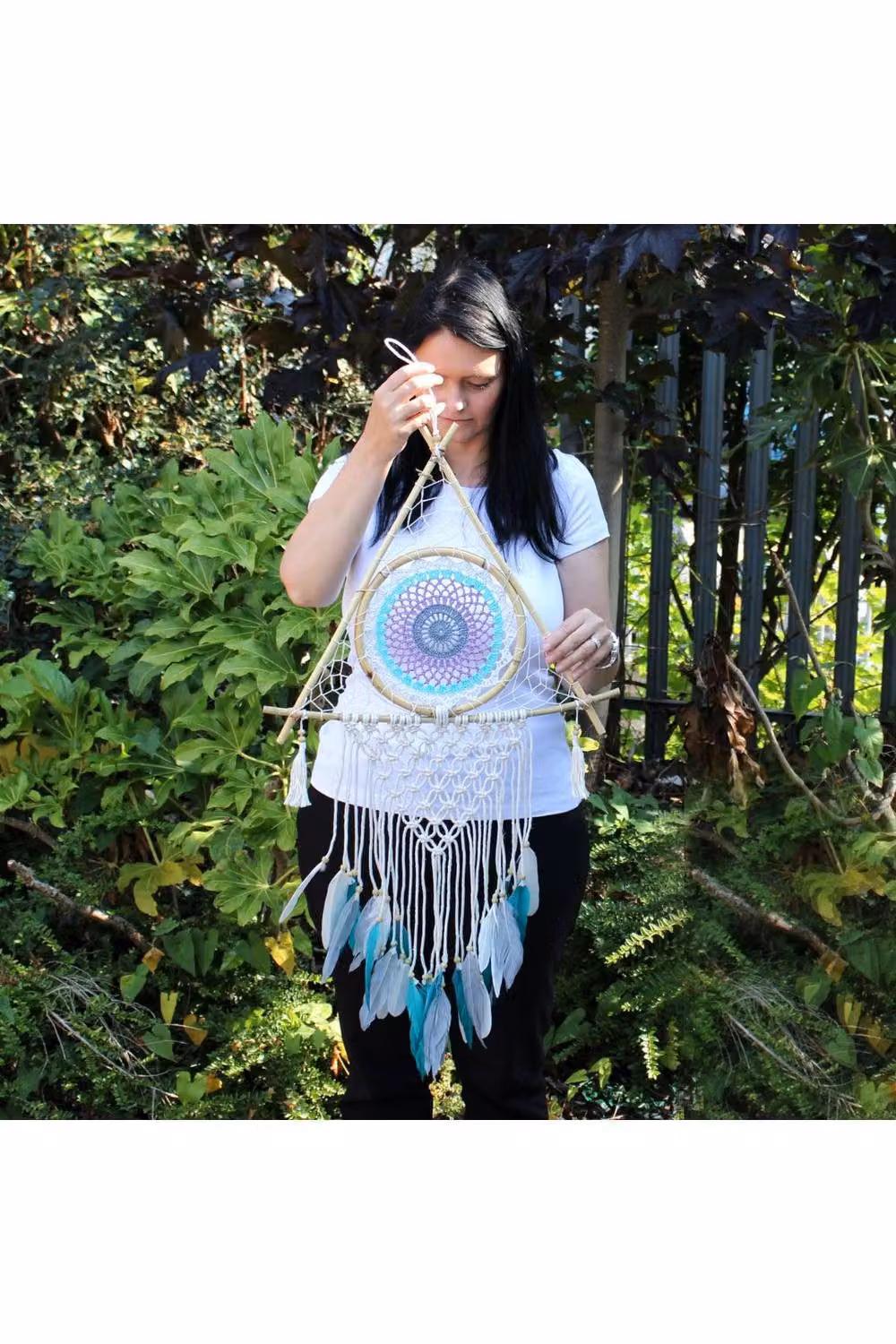 KDMD Large Boho Macrame Dream Catcher with Evil Eye in White and Turquoise – 2