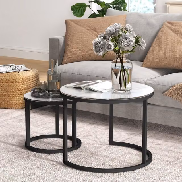 HOMCOM Two Piece Round Nest of Coffee Tables with Glass Tops and Metal Sled Base in White