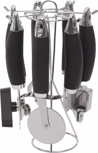 Orsina 5 Piece Stainless Steel and Silicone Kitchen Gadget Set with Rotatable Stand in Black – 5