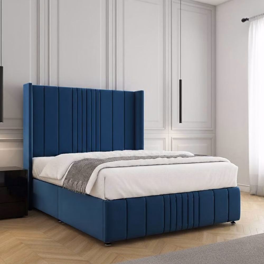 Regional Furnishings Blue Velvet Upholstered Divan Bed with 54 inch Headboard and 12 inch Footboard, W/D/H: 140 x 200 cm – 2