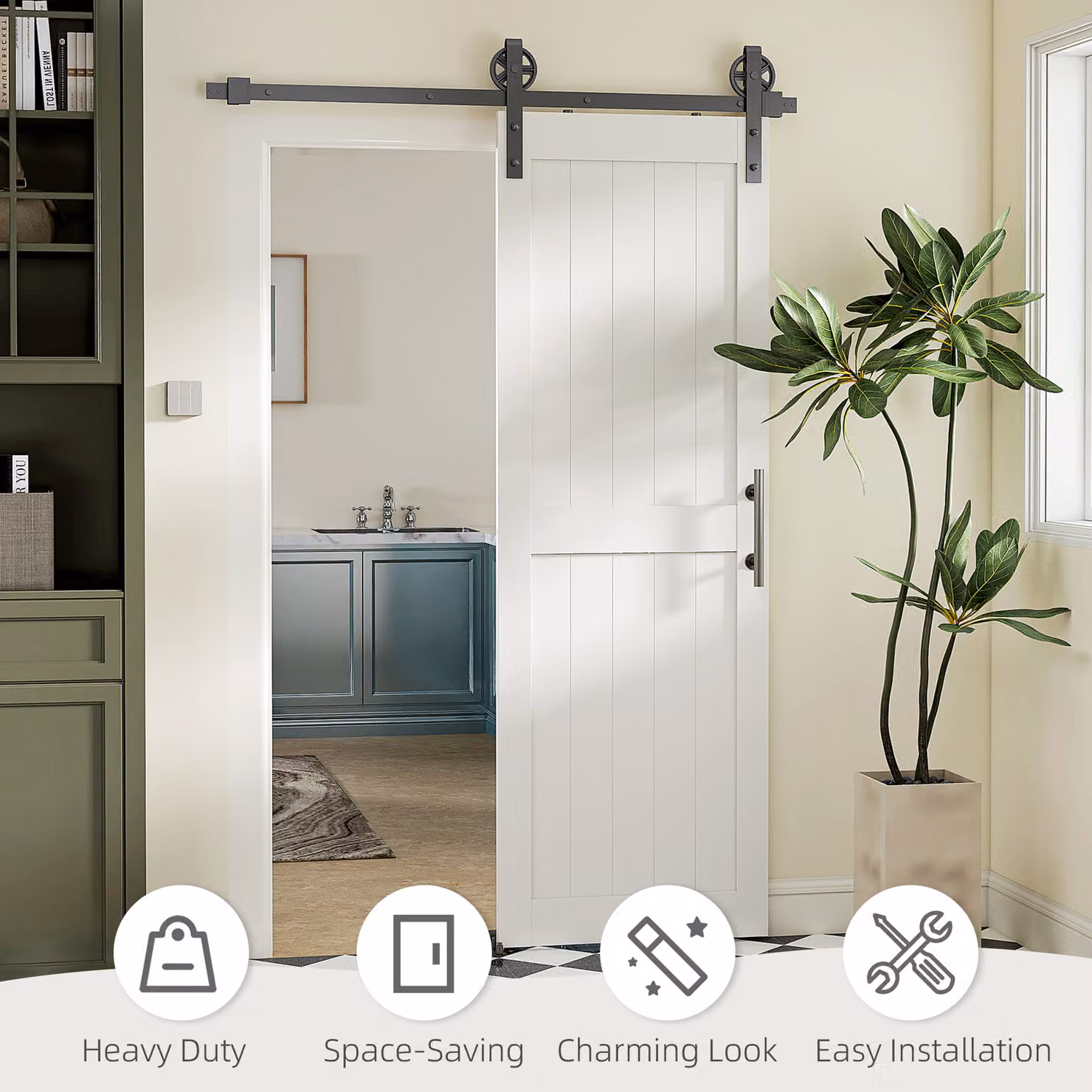 HOMCOM White Sliding Barn Door Kit with Industrial Hardware and Upgraded Rollers, 152.4 cm – 4