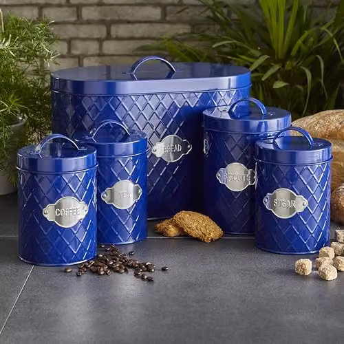 Neo 5 Piece Embossed Geometric Metal Kitchen Canister Set in Blue – 2