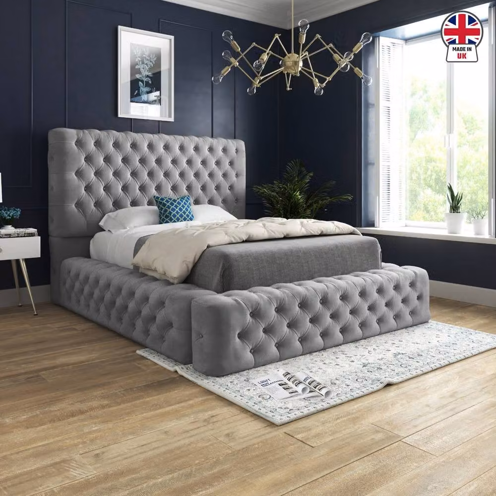 KDMD Linlithgow Grey Pleated Upholstered Designer Bed Frame, W/D/H: 200 x 137 x 221 cm – 3