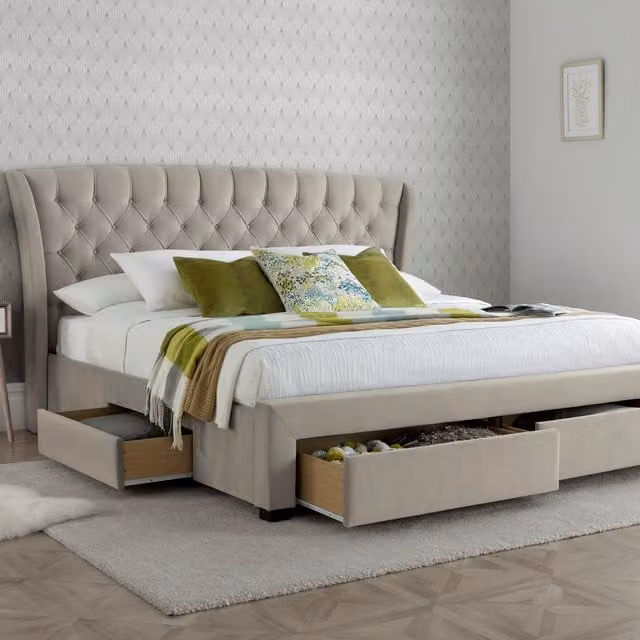 Bedmaster Newton Upholstered Velvet Storage Bed with 4 Drawers in Beige, W/D/H: 180 x 200 cm