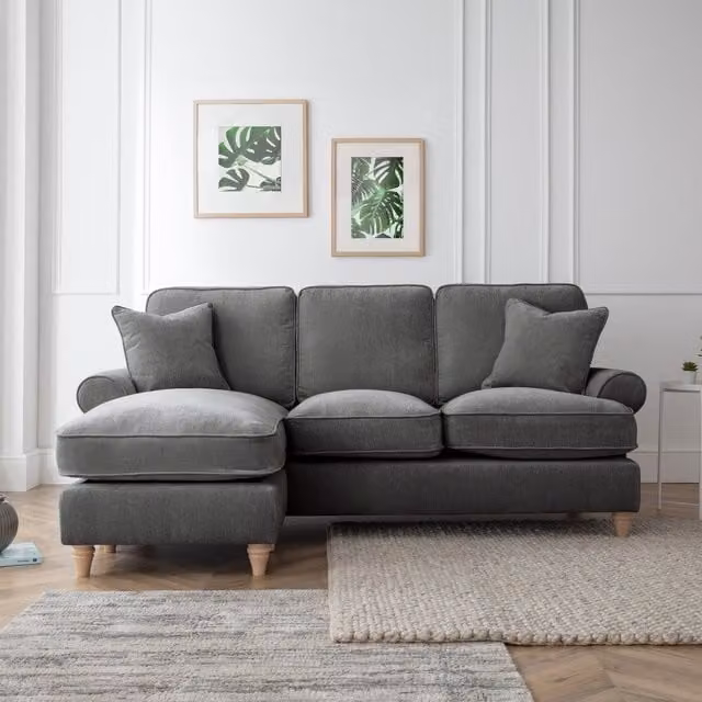 The Great Sofa Company Ezra Left Hand Velvet Chaise Sofa in Charcoal Grey with Scroll Arms and Scatter Cushions