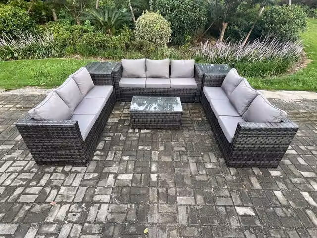 Fimous 9 Seater Outdoor Lounge Sofa Set in Dark Grey Mixed PE Rattan with Oblong Coffee Table and 2 Side Tables