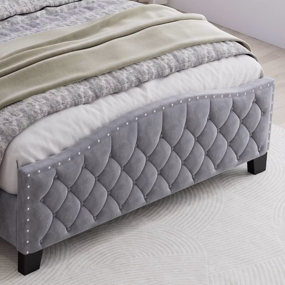 Merax Grey Velvet Upholstered Double Bed Frame with Storage and LED Headboard W/D/H: 140.5 x 200 x 140.5 cm – 3