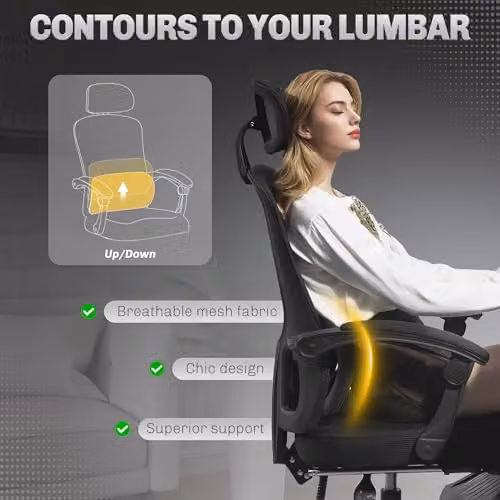 HOMCOM Ergonomic Black Mesh and Fabric Office Chair with Headrest, Armrests and Height Adjustment – 5