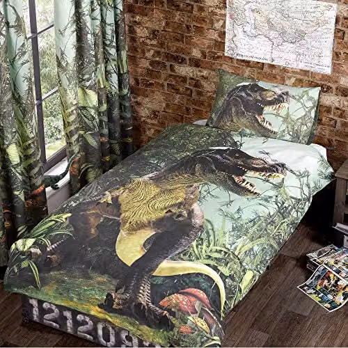 Rapport Home Kids T-Rex Dinosaur Polycotton Duvet Cover and Pillowcase Set in Green, W/D/H: 135 x 200 cm – 2