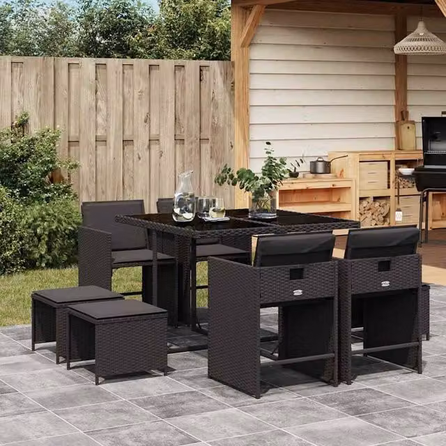 Berkfield Home 9 Piece Black Poly Rattan Garden Dining Set with Cushions – 1